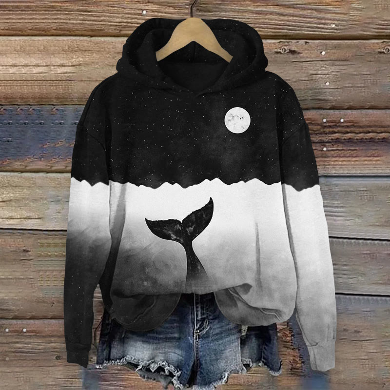 Colorblock Whale Tail Art Print Long Sleeve Hoodie - Black - 8XL - image 1