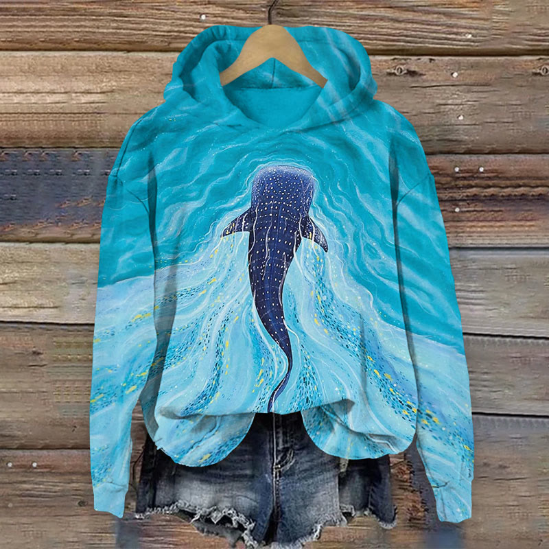 Ombre Whale Art Print Long Sleeve Hoodie - Lake Blue - 8XL - image 1