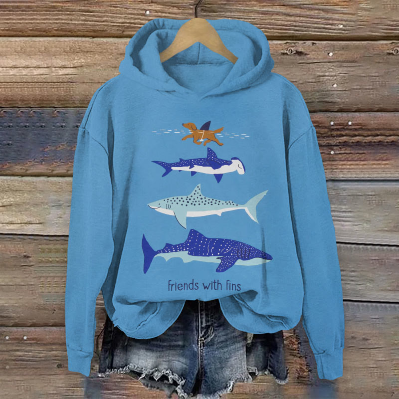 Cute Funny Friends With Fins Print Long Sleeve Hoodie - Blue - 8XL - image 1