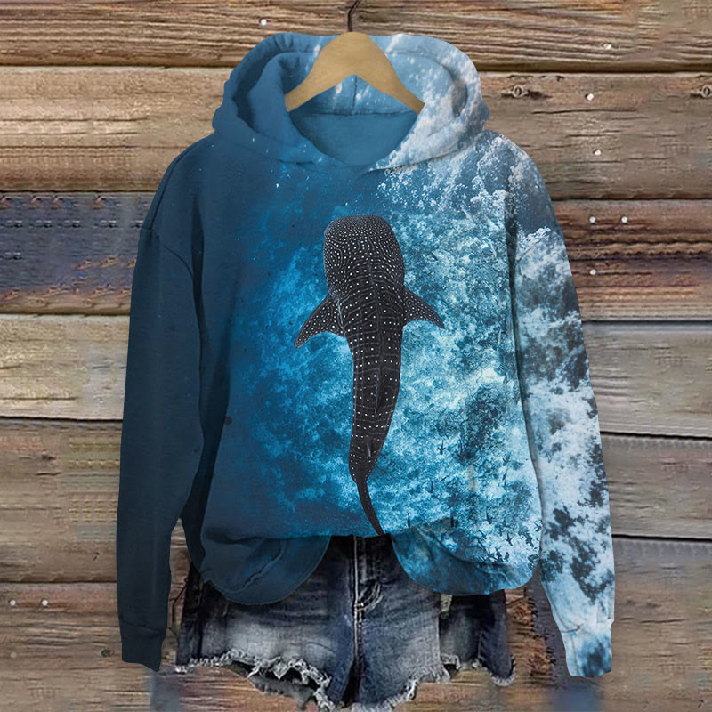 Colorblock Wave Whale Art Print Long Sleeve Hoodie - Blue - 8XL - image 1