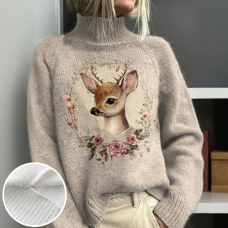Retro Christmas Reindeer Graphic Print Turtleneck Pullover Sweater - Khaki - 4XL - image 1