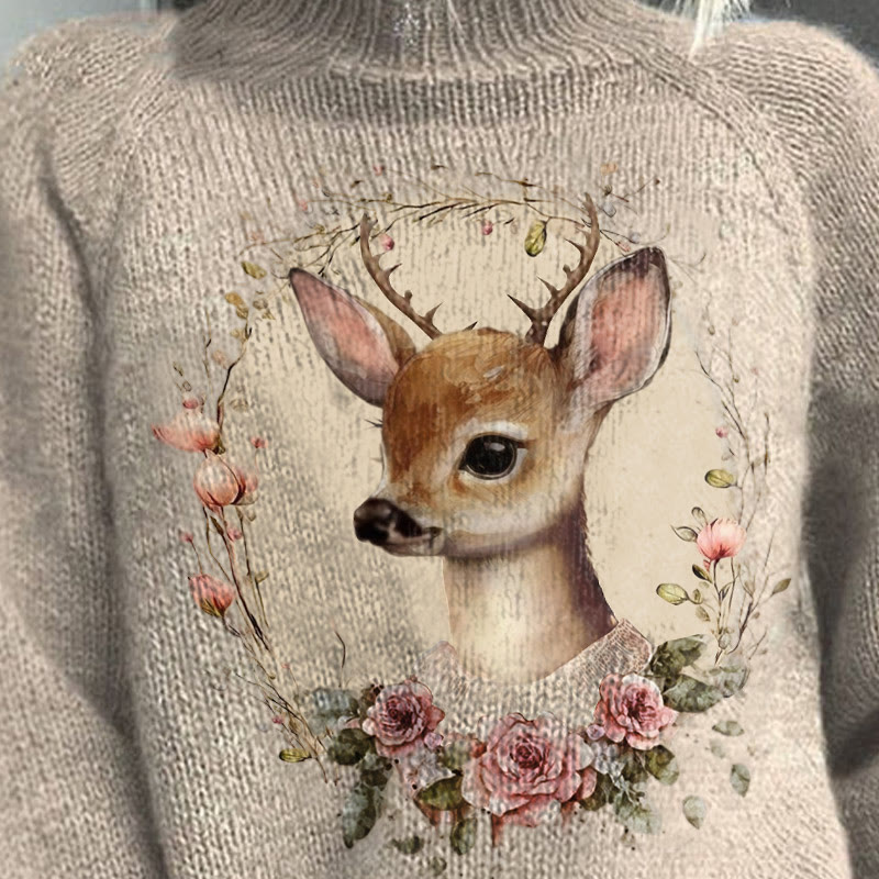 Retro Christmas Reindeer Graphic Print Turtleneck Pullover Sweater - image 3