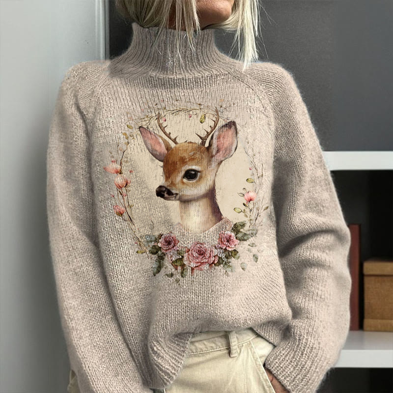 Retro Christmas Reindeer Graphic Print Turtleneck Pullover Sweater - image 2