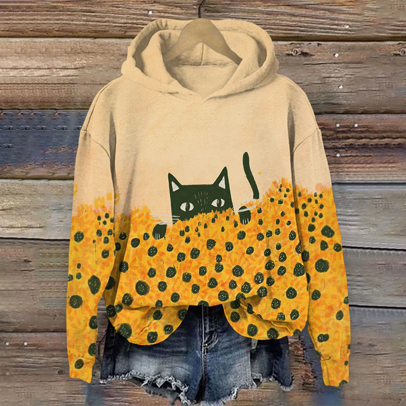 Cat Hiding In A Sunflower Field Art Print Long Sleeve Hoodie - Yellow - 8XL - image 1