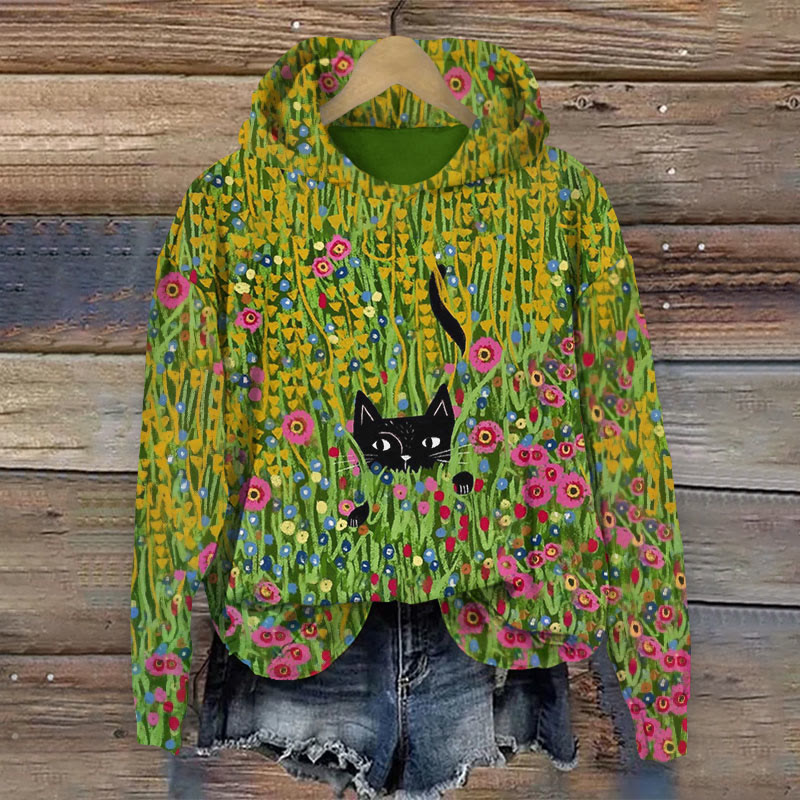 Cute Black Cat Hiding In Flowers Oil Painting Art Print Long Sleeve Hoodie - Green - 8XL - image 1