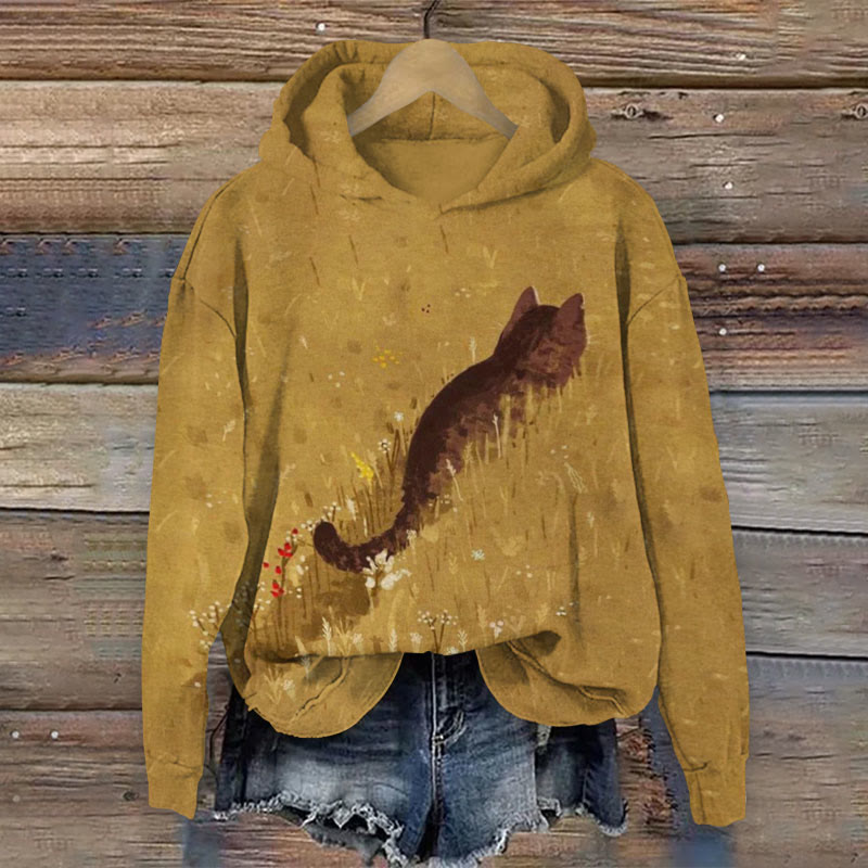 Cat In Field Art Print Long Sleeve Hoodie - Khaki - 8XL - image 1