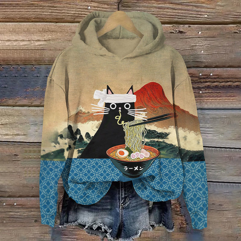 Funny Japanese Black Cat Eating Ramen Print Long Sleeve Hoodie - Multicolor - 8XL - image 1