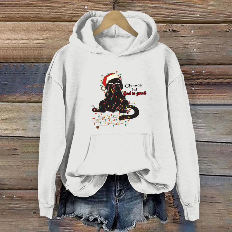 100% Cotton Life Sucks But God Is Good Christian Christmas Print Women's Hoodie - White - 2XL - image 1