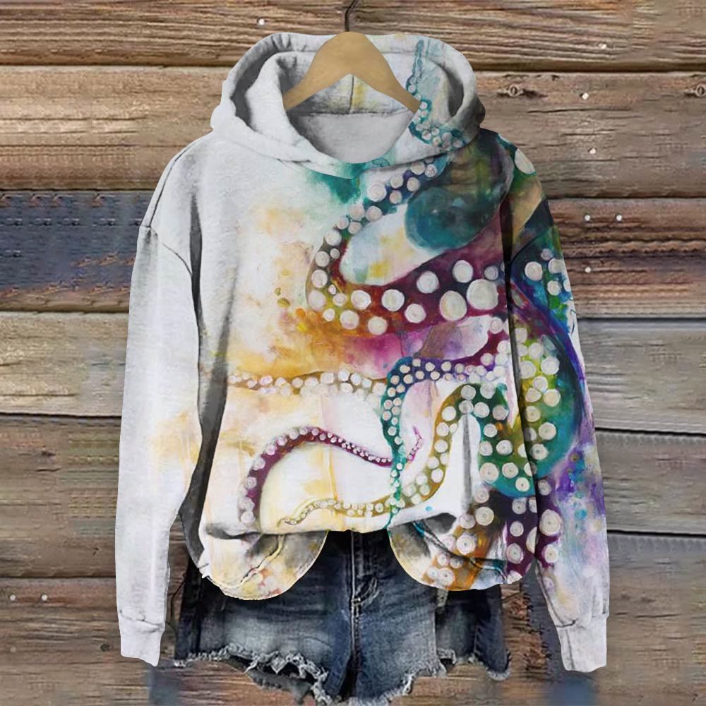 Watercolor Ombre Octopus Print Long Sleeve Hoodie - White - 8XL - image 1