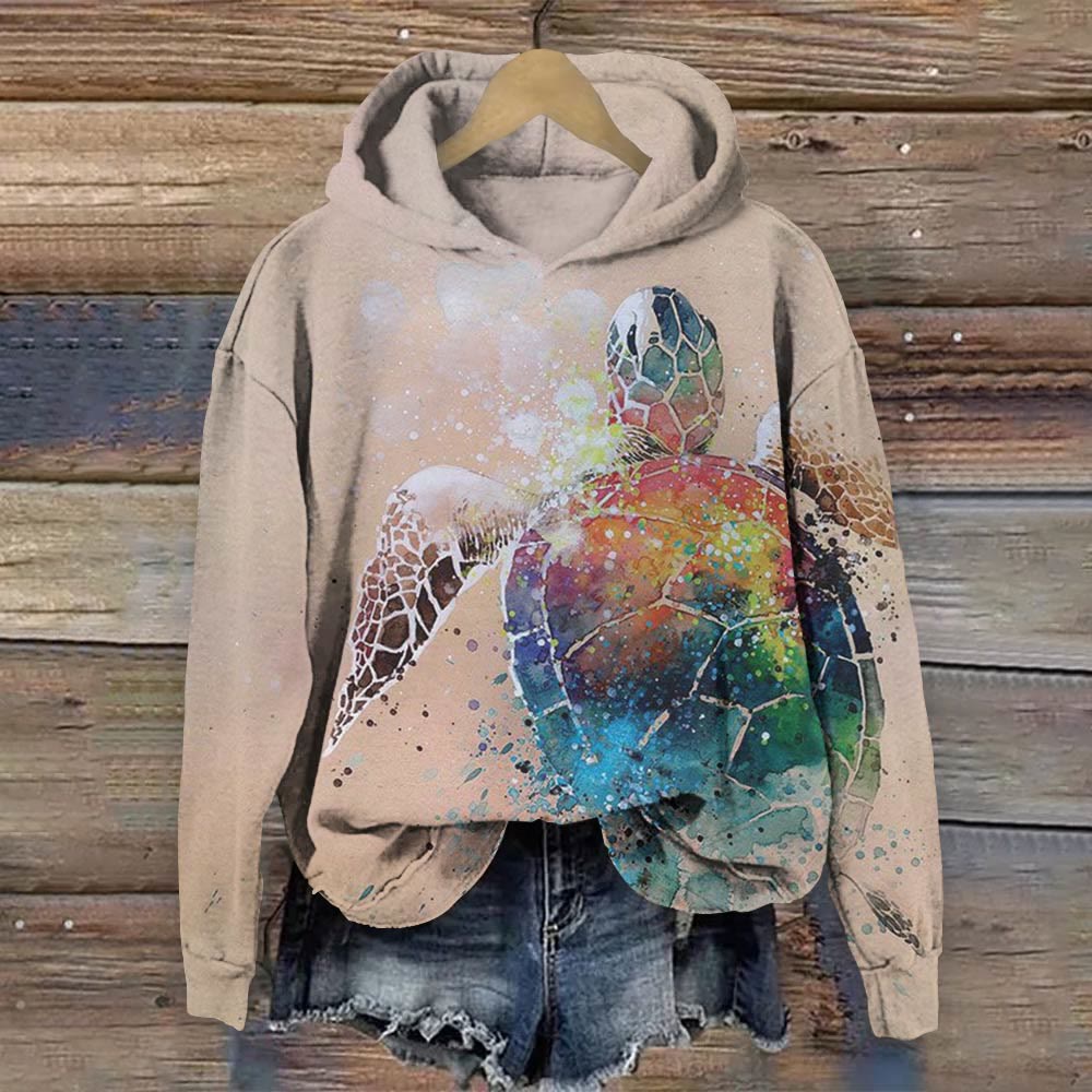 Colorful Smudged Turtle Print Long Sleeve Hoodie - Khaki - 8XL - image 1