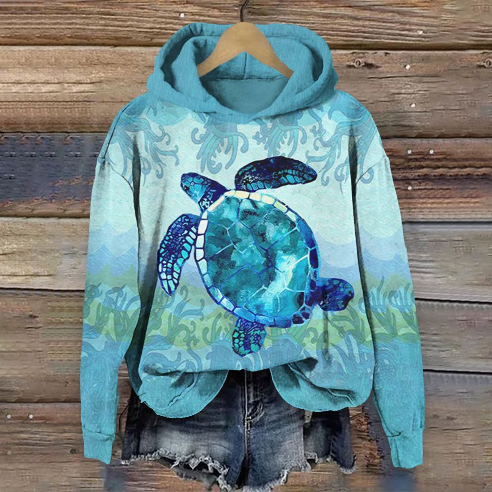 Casual Turtle Print Long Sleeve Hoodie - Blue - 8XL - image 1