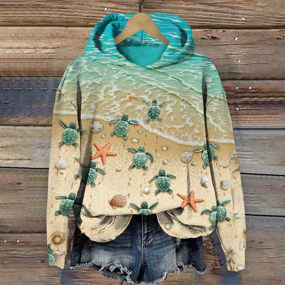 Turtle Sea Print Long Sleeve Hoodie - Lake Blue - 8XL - image 1
