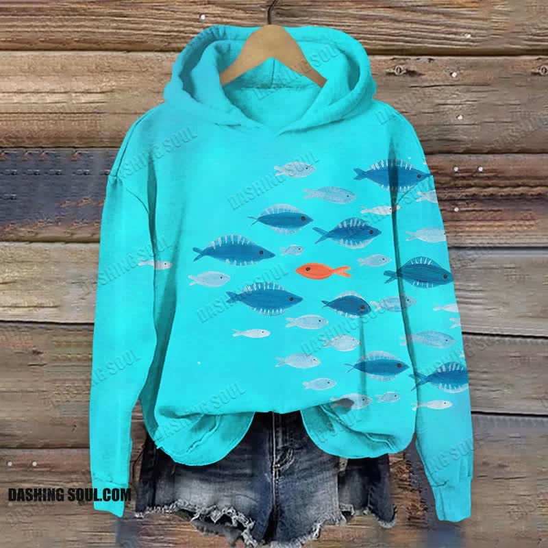 Minimalist Contrast Color Fish Watercolor Art Print Long Sleeve Hoodie