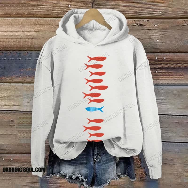 Minimalist Contrast Color Reverse Flow Fish Print Long Sleeve Hoodie