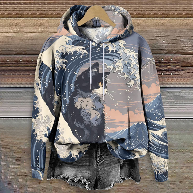 Japanese Ocean Wave Cat  Art Print Long Sleeve Hoodie - Blue - 8XL - image 1