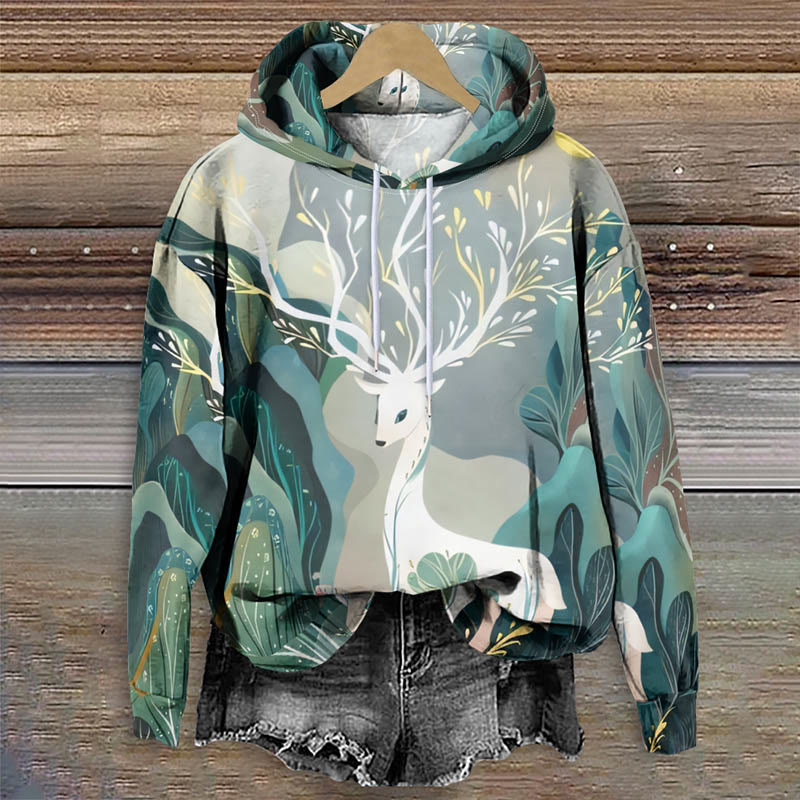 Japanese Mystic Forest Deer Art Print Long Sleeve Hoodie - Green - 8XL - image 1