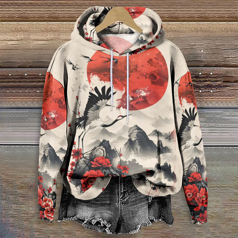 Japanese Sunset Mountain Floral Crane Art Print Long Sleeve Hoodie - Multicolor - 8XL - image 1