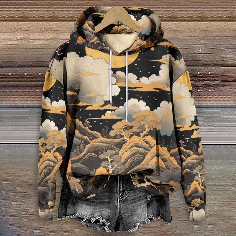 Japanese Golden Mountain Cloudy Night Art Print Long Sleeve Hoodie - Multicolor - 8XL - image 1