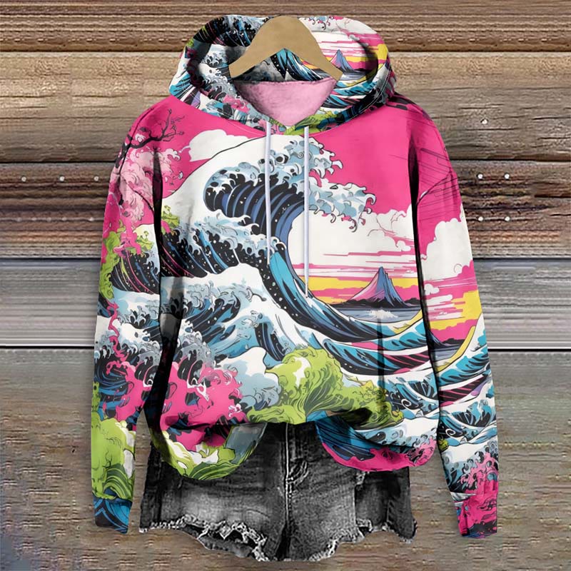 Japanese Vibrant Ocean Wave Art Print Long Sleeve Hoodie - Multicolor - 8XL - image 1