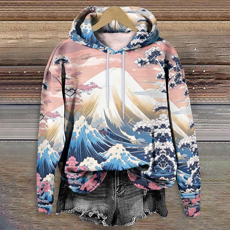 Japanese Serene Mount Fuji Dreamscape Sakura Art Print Long Sleeve Hoodie - Multicolor - 8XL - image 1