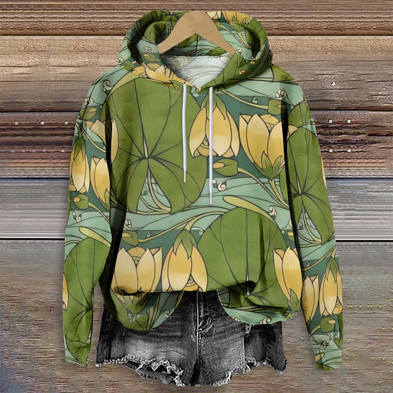 Japanese Watercolor Lotus Blossom Art Print Long Sleeve Hoodie - Green - 8XL - image 1