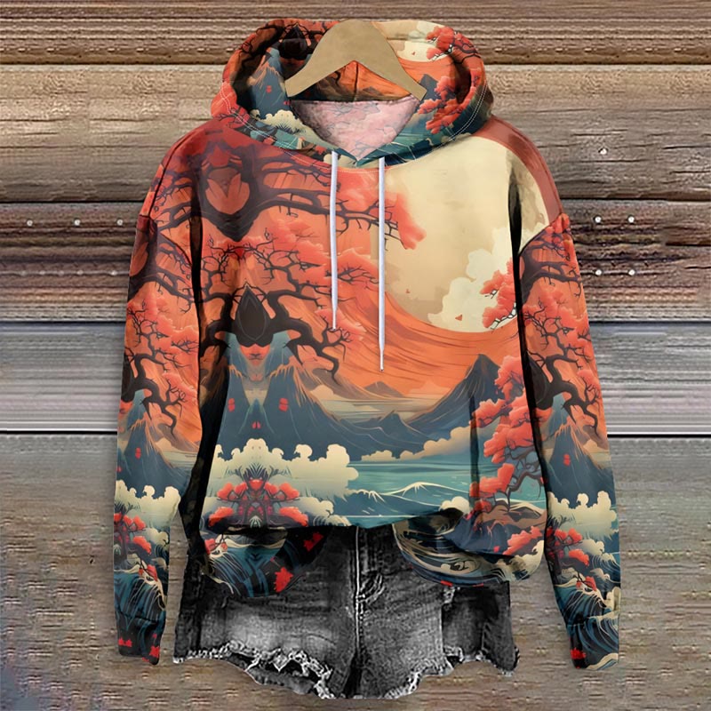 Japanese Retro Sunset Sakura Art Print Long Sleeve Hoodie - Multicolor - 8XL - image 1