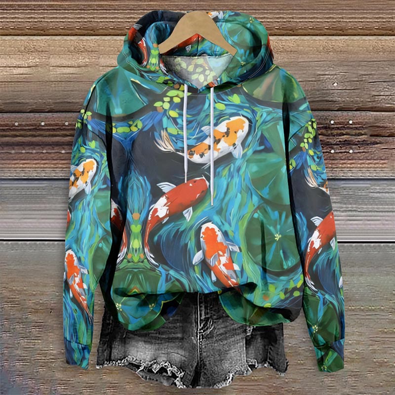 Japanese Oil Painting Koi Pond Art Print Long Sleeve Hoodie - Multicolor - 8XL - image 1