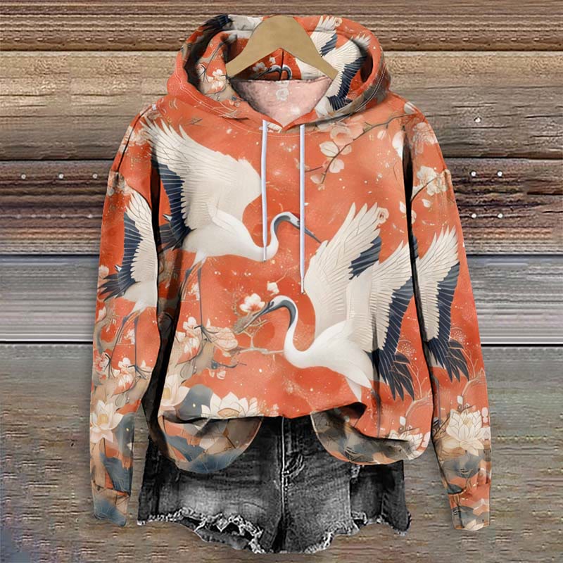 Japanese White Crane ＆ Floral Art Print Long Sleeve Hoodie - Orange - 8XL - image 1