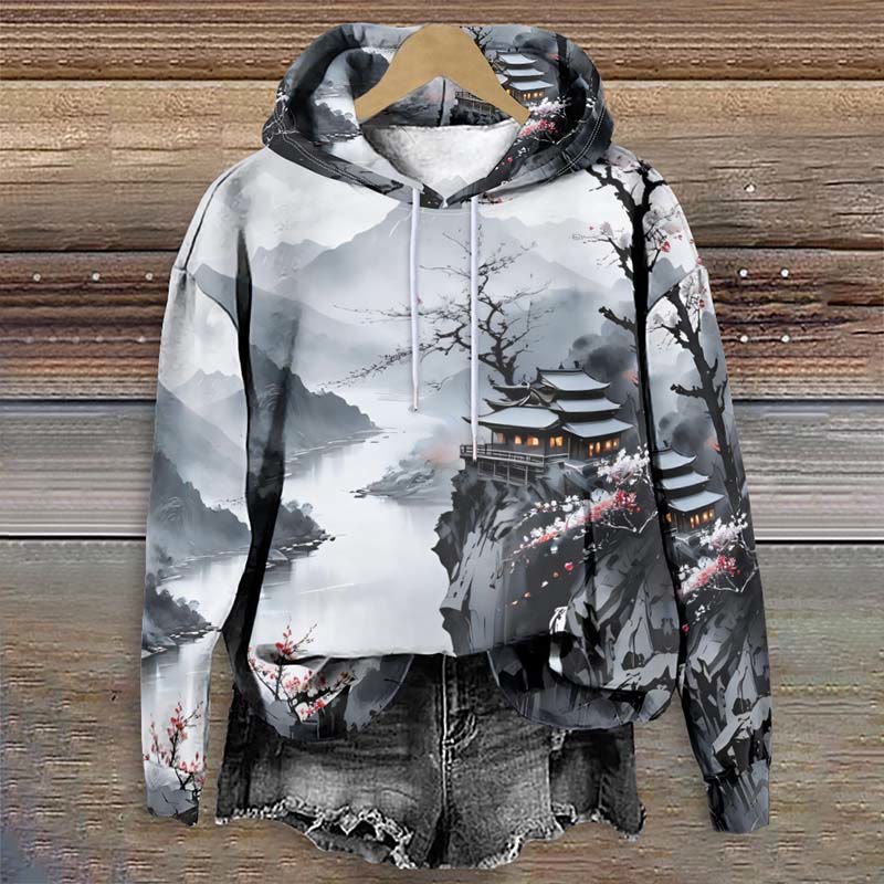 Japanese Misty Mountain Sakura Temple Art Print Long Sleeve Hoodie - Grey - 8XL - image 1