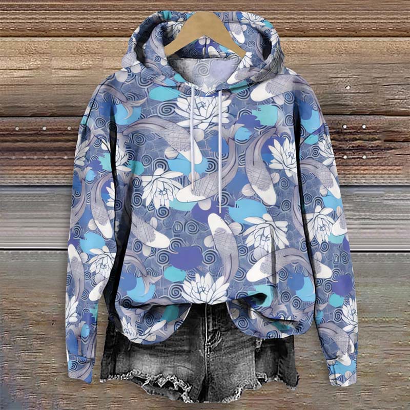 Japanese Blue Floral Harmony Art Print Long Sleeve Hoodie - Blue - 8XL - image 1