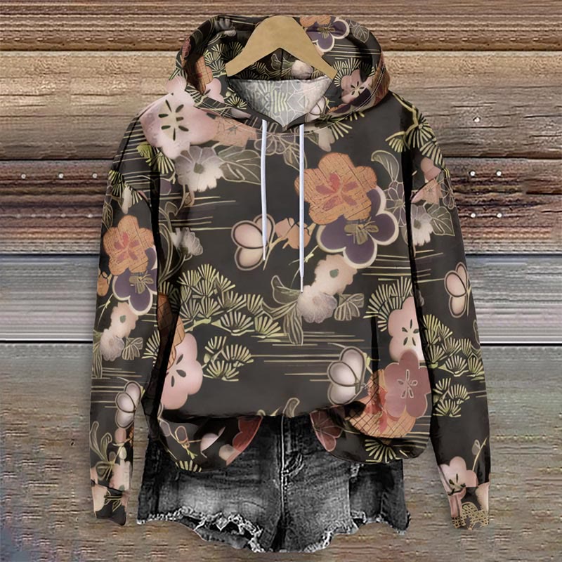 Japanese Abstract Midnight Sakura Art Print Long Sleeve Hoodie - Multicolor - 8XL - image 1