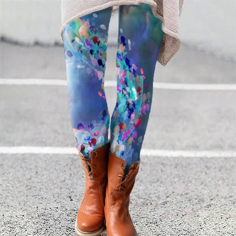 Colorful Fish Art Print Leggings - Blue - 5XL - image 1