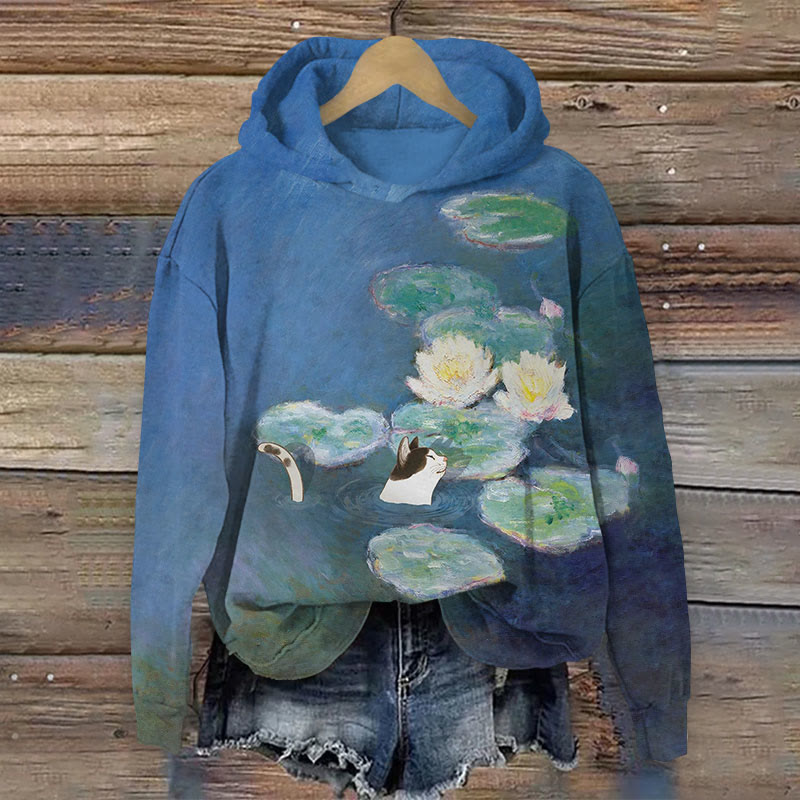 Creative Monet Waterlily Cat Art Print Long Sleeve Hoodie - Blue - 8XL - image 1