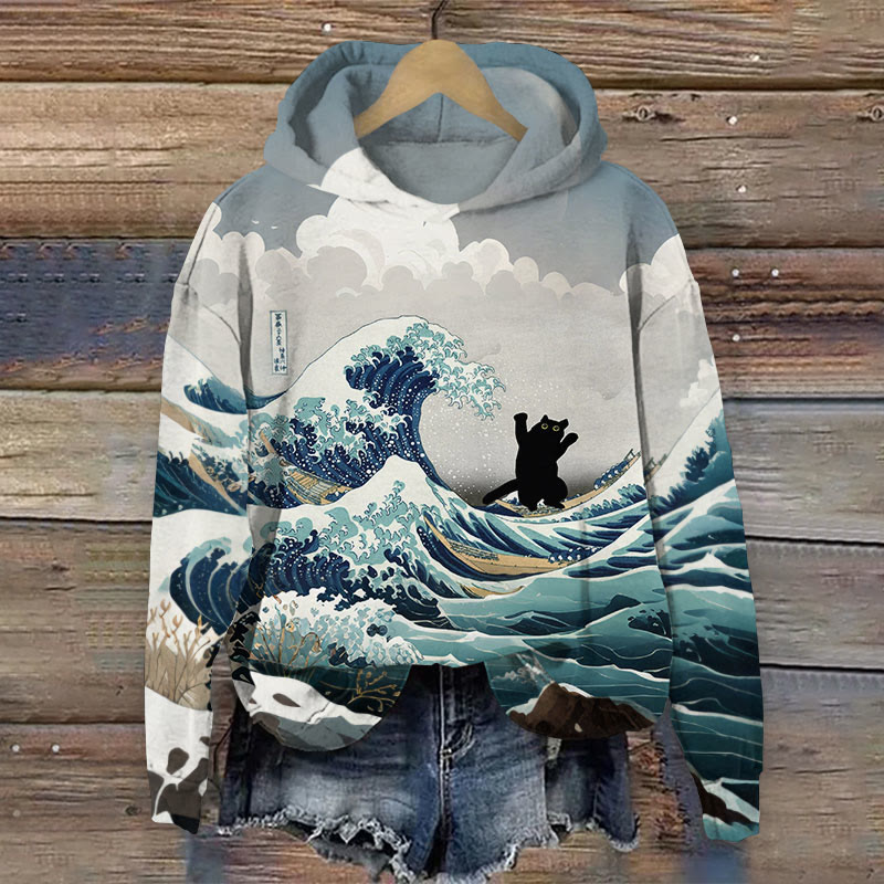 Creative Funny The Great Wave Cat Art Print Long Sleeve Hoodie - Grey - 8XL - image 1