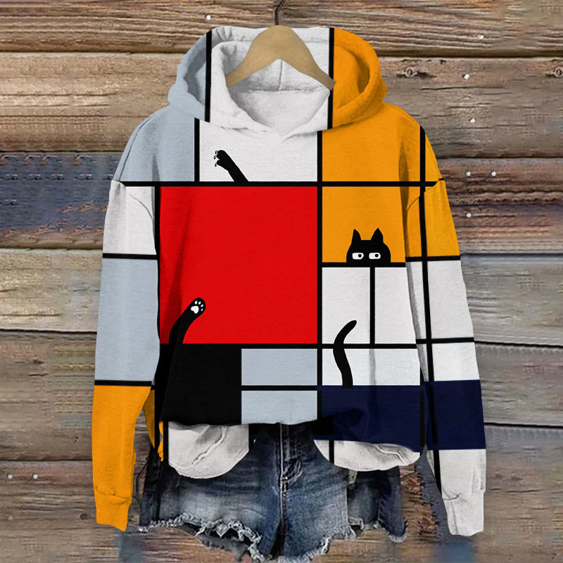 Creative Funny Mondrian With Cat Print Long Sleeve Hoodie - Multicolor - 8XL - image 1