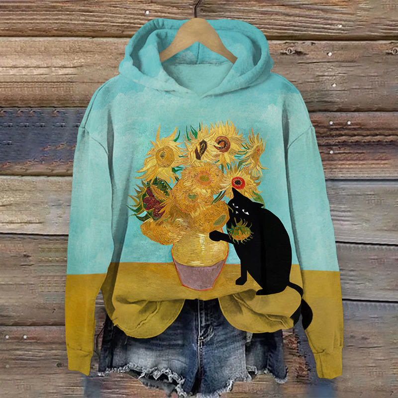 Creative Funny Bad Cat Eating Van Gogh's Sunflowers Print Long Sleeve Hoodie - Yellow - 8XL - image 1