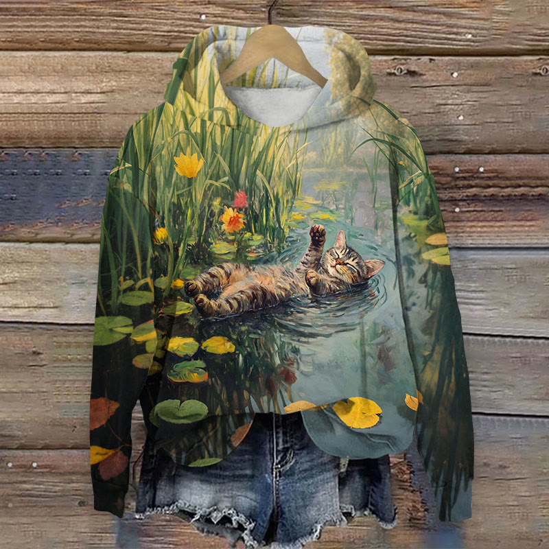Creative Funny Monet Waterlily Sleeping Cat Print Long Sleeve Hoodie - Green - 8XL - image 1