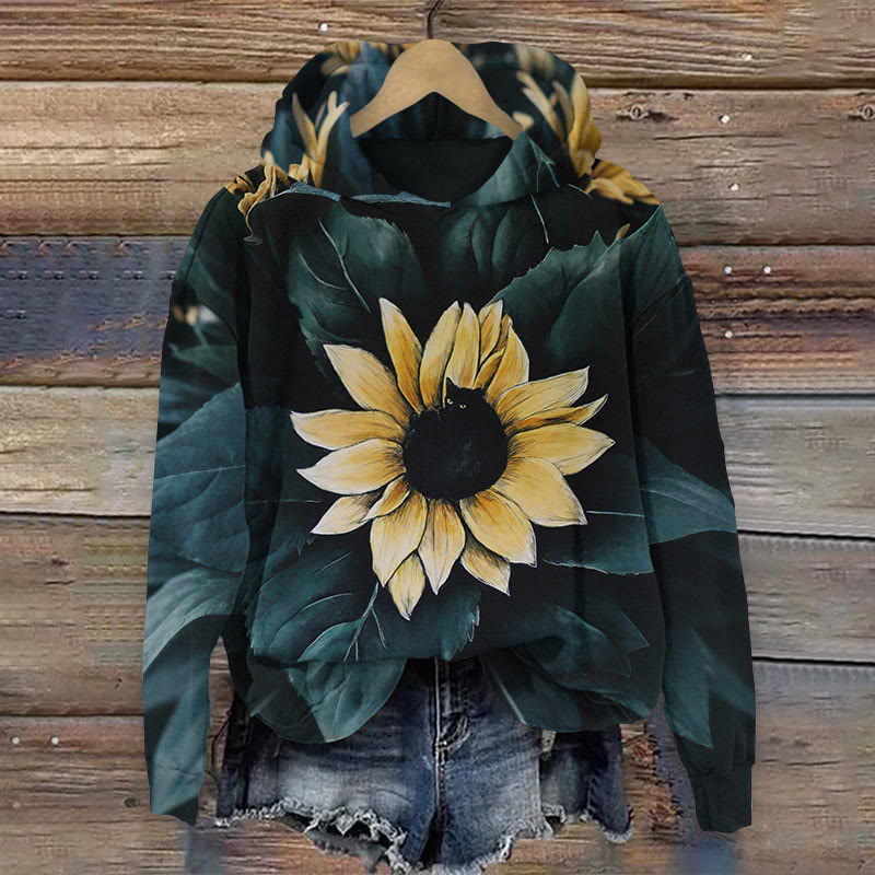 Creative One Sunflower Cat Art Print Long Sleeve Hoodie - Dark Green - 8XL - image 1