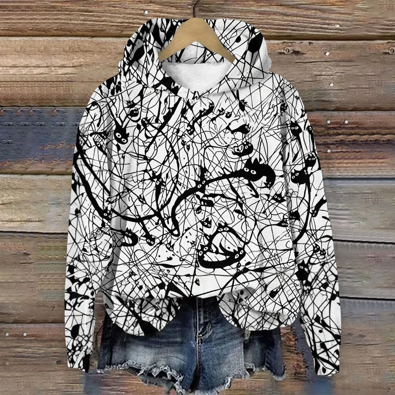Creative Abstract Jackson Pollock With Cats Art Print Long Sleeve Hoodie - Black - 8XL - image 1