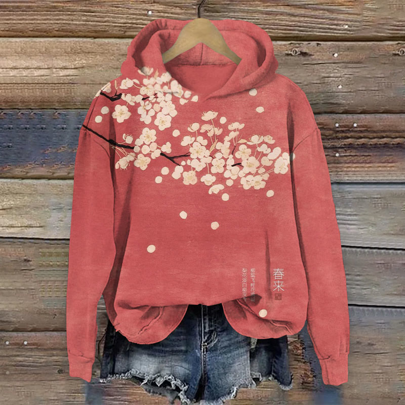Retro Japanese Style Cherry Blossom Smudged Ink Painting Art Print Long Sleeve Hoodie - Rose - 8XL - image 1