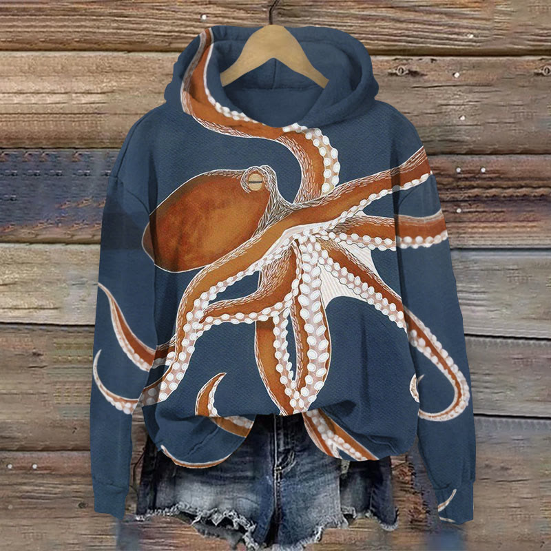 Vintage Octopus Art Print Long Sleeve Hoodie - Blue - 8XL - image 1