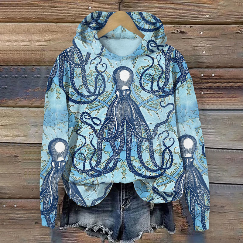 Antique Octopus Floral Art Print Long Sleeve Hoodie - Blue - 8XL - image 1