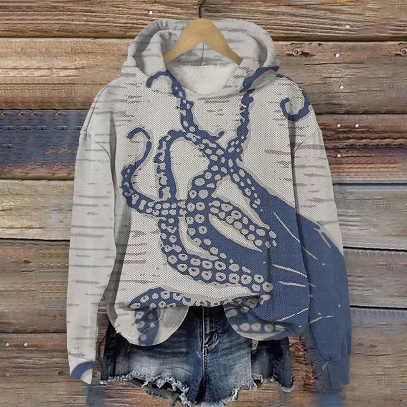 Retro Japanese Minimalist Octopus Leg Art Print Long Sleeve Hoodie - Khaki - 8XL - image 1