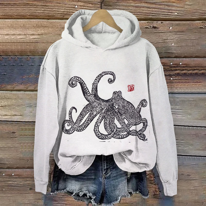 Japanese Retro Octopus Art Print Long Sleeve Hoodie - White - 8XL - image 1