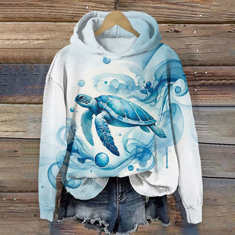 Serenity Ocean Waves Sea Turtle Watercolor Art Print Long Sleeve Hoodie - Blue - 8XL - image 1