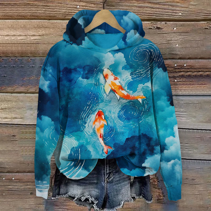 Sfumato Watercolor Two Carp Art Print Long Sleeve Hoodie - Blue - 8XL - image 1