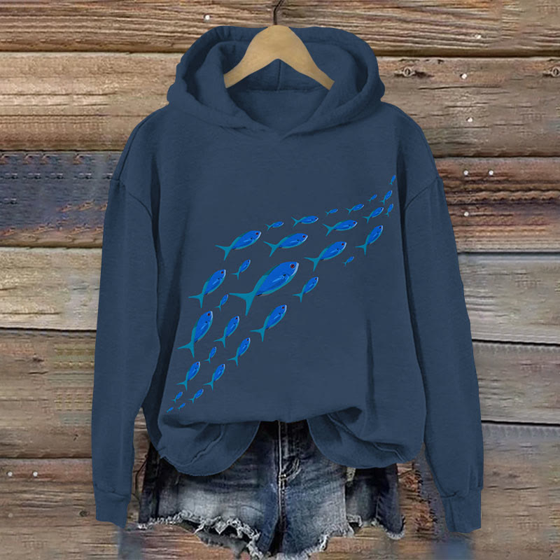 Minimalist Little Fish Wave Art Print Long Sleeve Hoodie - Dark Blue - 8XL - image 1