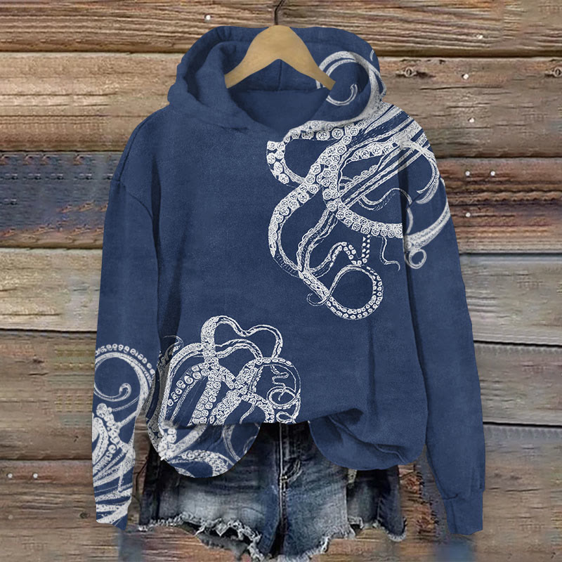 Japanese Octopus Legs Art Print Long Sleeve Hoodie - Navy Blue - 8XL - image 2