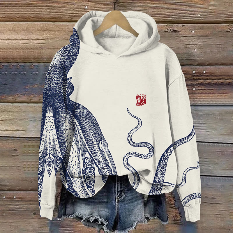 Japanese Art Octopus And Crab Print Long Sleeve Hoodie - Beige - 8XL - image 1