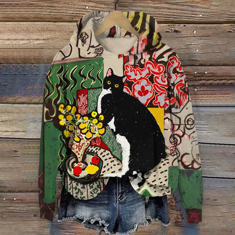 Cute Cat Lying On The Sofa Oil Painting Art Print Long Sleeve Hoodie - Multicolor - 8XL - image 1